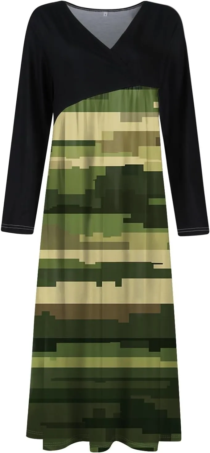 Spring Dresses for Women 2025 Midi V Neck Long Sleeve Ladies Work Cute Vacation Cruise Western Dress