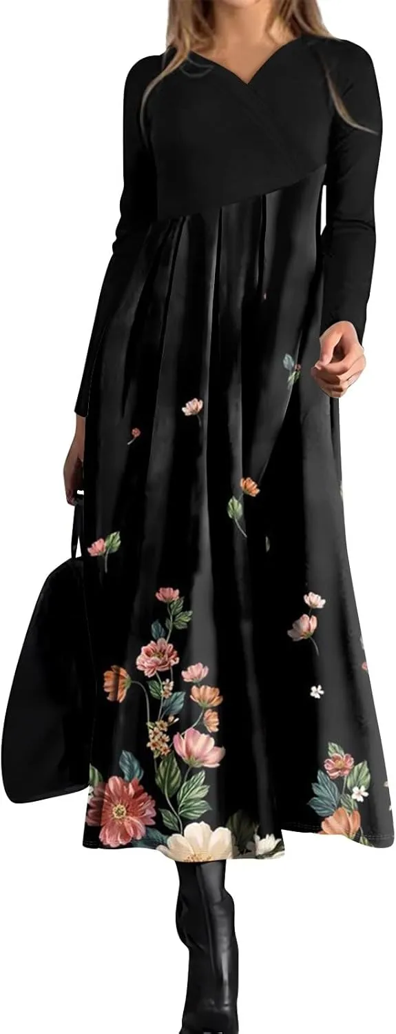 Spring Dresses for Women 2025 V Neck Long Sleeve Midi Modest Teens Flowy Vacation Fashion Curvy Dress