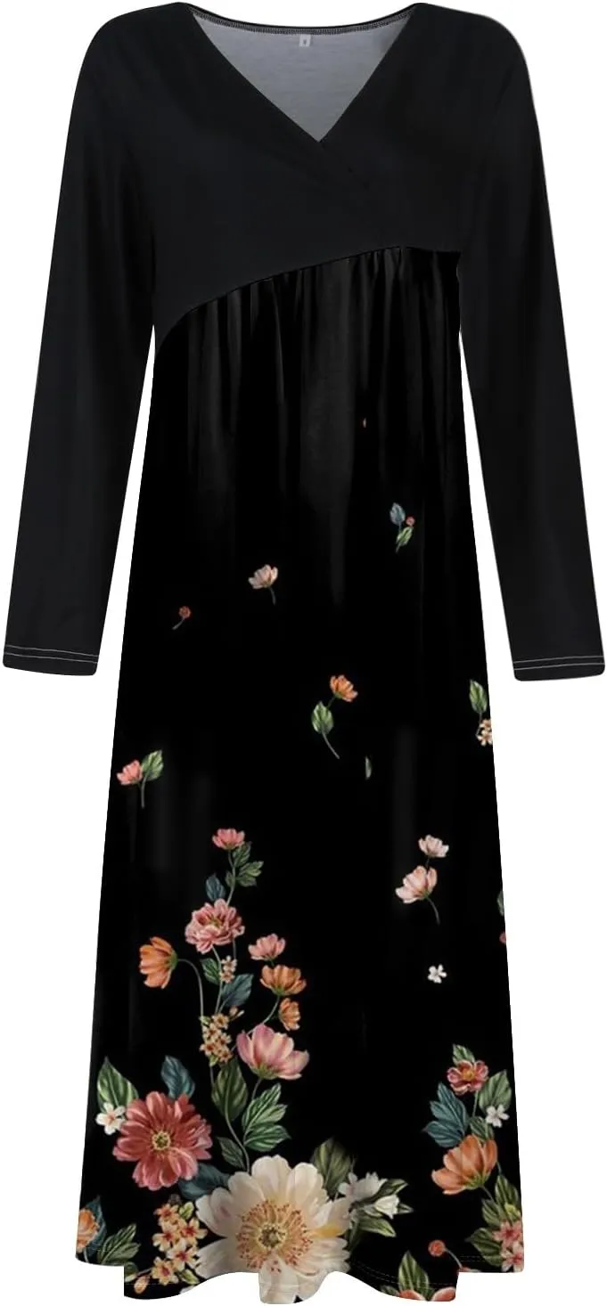 Spring Dresses for Women 2025 V Neck Long Sleeve Midi Modest Teens Flowy Vacation Fashion Curvy Dress