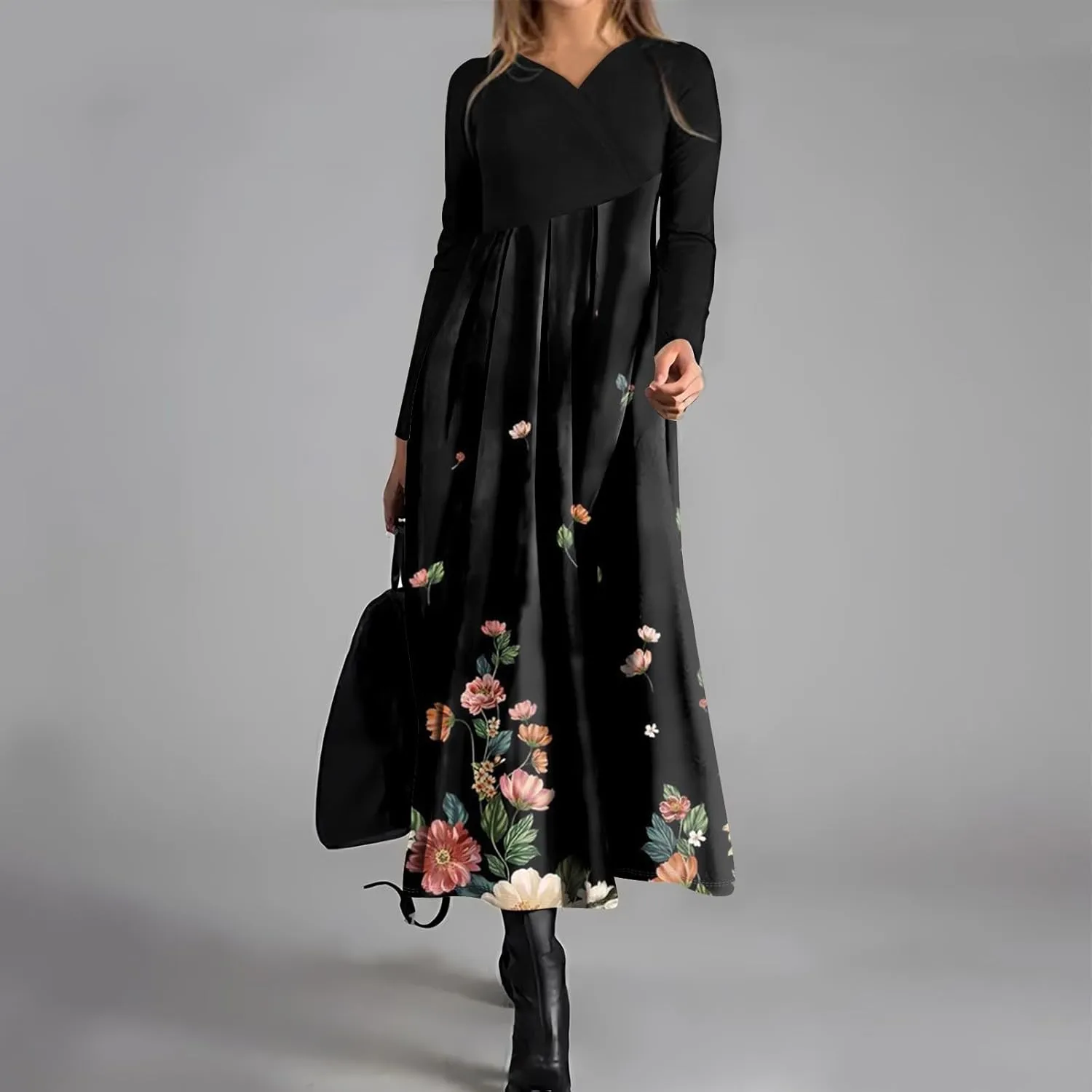 Spring Dresses for Women 2025 V Neck Long Sleeve Midi Modest Teens Flowy Vacation Fashion Curvy Dress