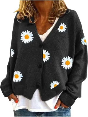 Stessotudo Womens Casual Daisy Print Cardigan Cable Knit Button Down Chunky Sweaters Long Sleeve Winter Cute Outerwear 2023