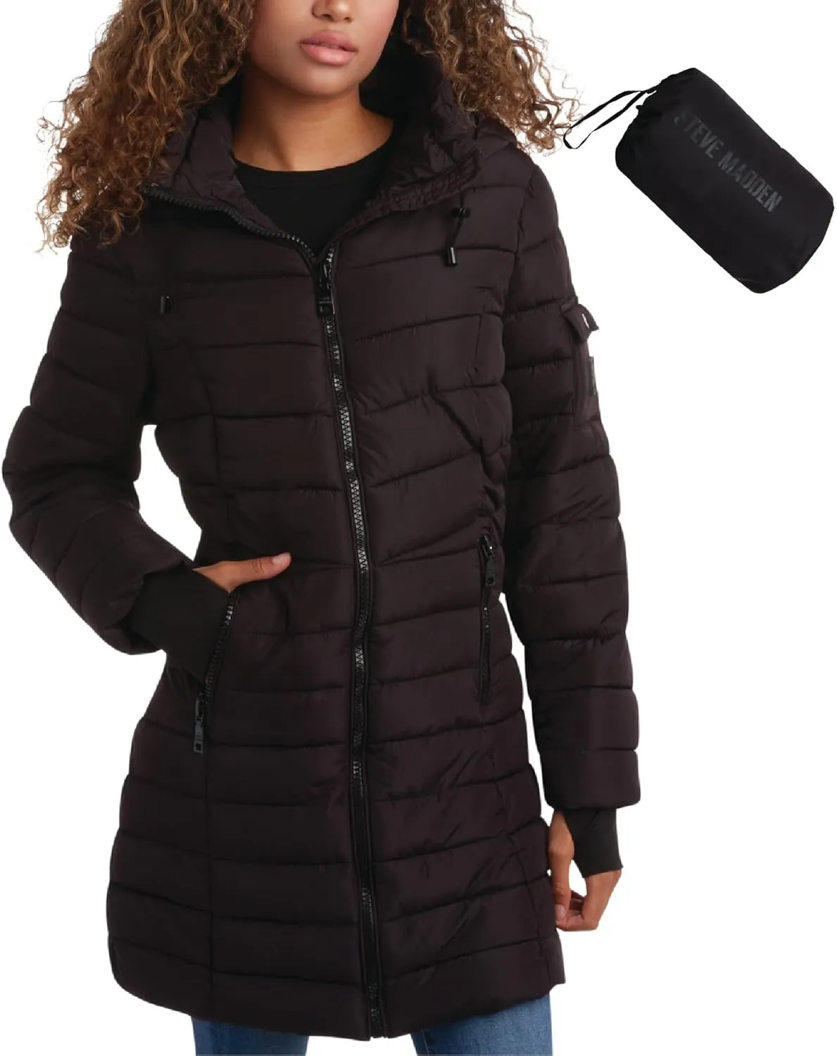 Steve Madden Women's Quilted Puffer Parka Jacket - Long Hooded Winter Outerwear - Packable Winter Coat for Women (Sizes:S-XL)