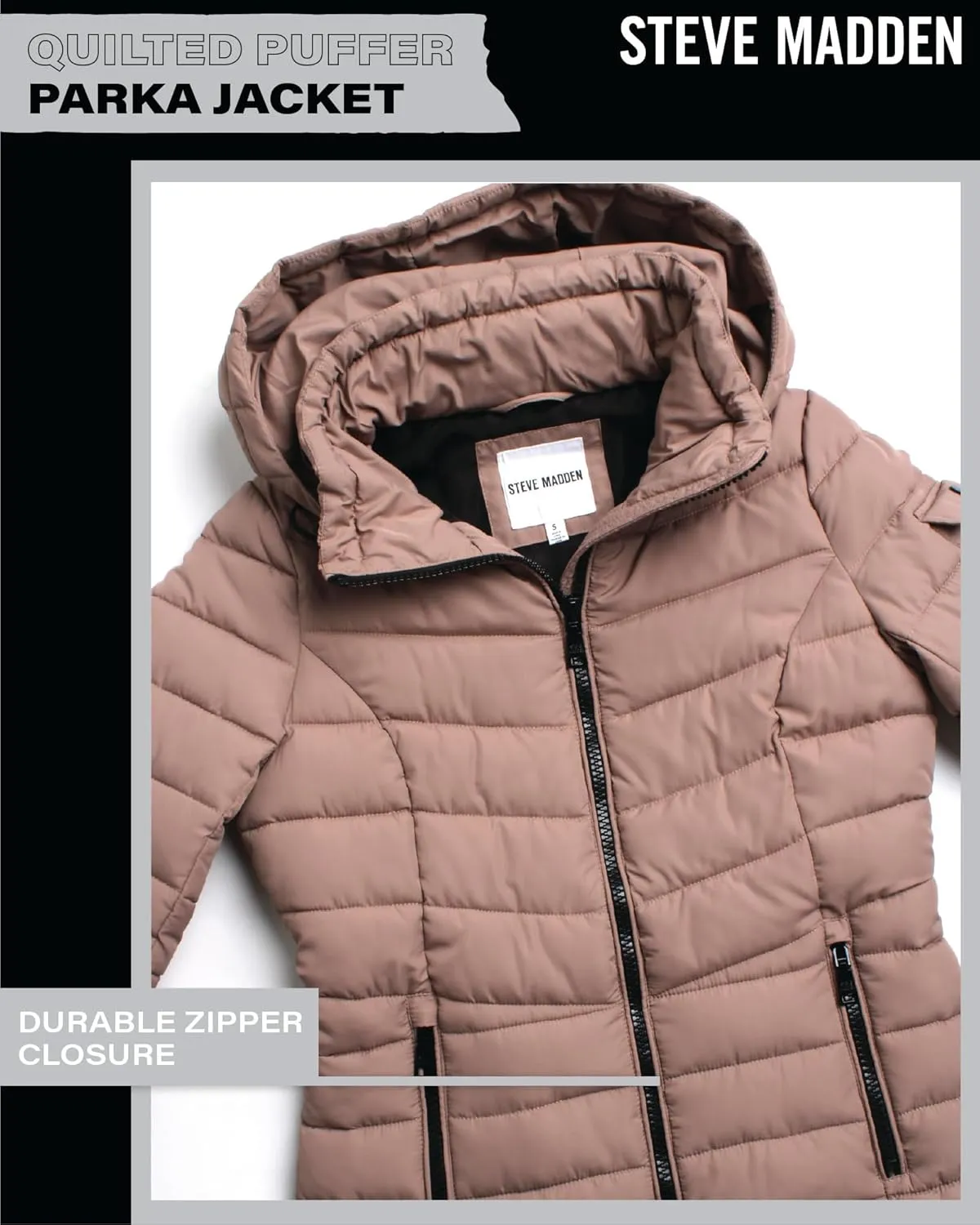 Steve Madden Women's Quilted Puffer Parka Jacket - Long Hooded Winter Outerwear - Packable Winter Coat for Women (Sizes:S-XL)
