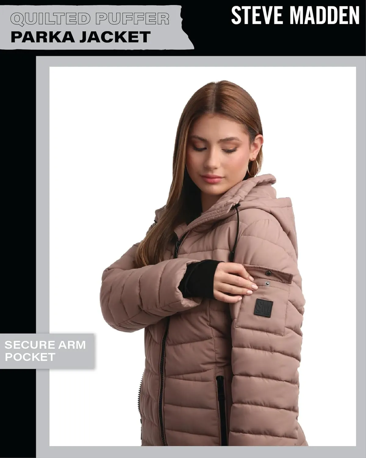 Steve Madden Women's Quilted Puffer Parka Jacket - Long Hooded Winter Outerwear - Packable Winter Coat for Women (Sizes:S-XL)