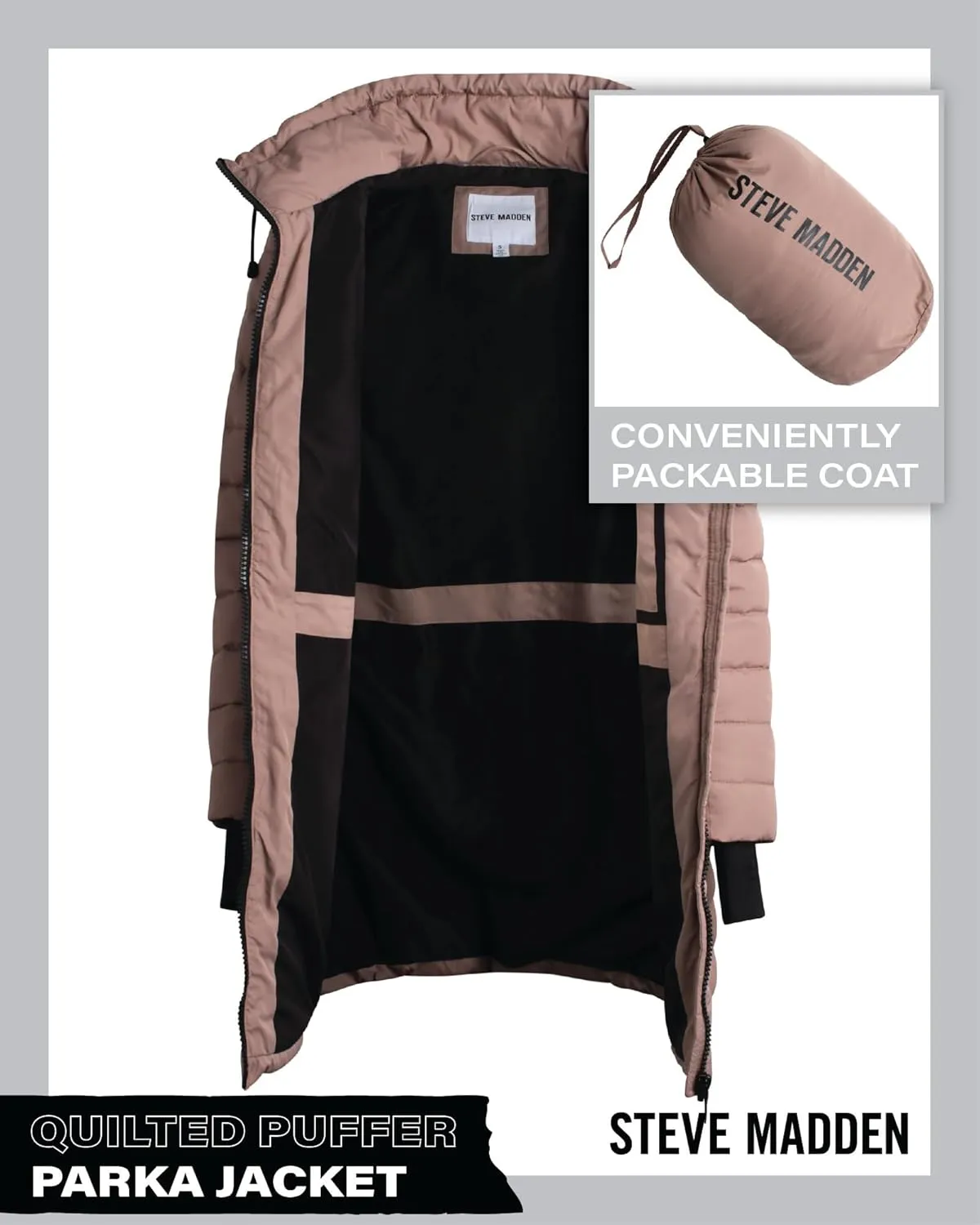 Steve Madden Women's Quilted Puffer Parka Jacket - Long Hooded Winter Outerwear - Packable Winter Coat for Women (Sizes:S-XL)