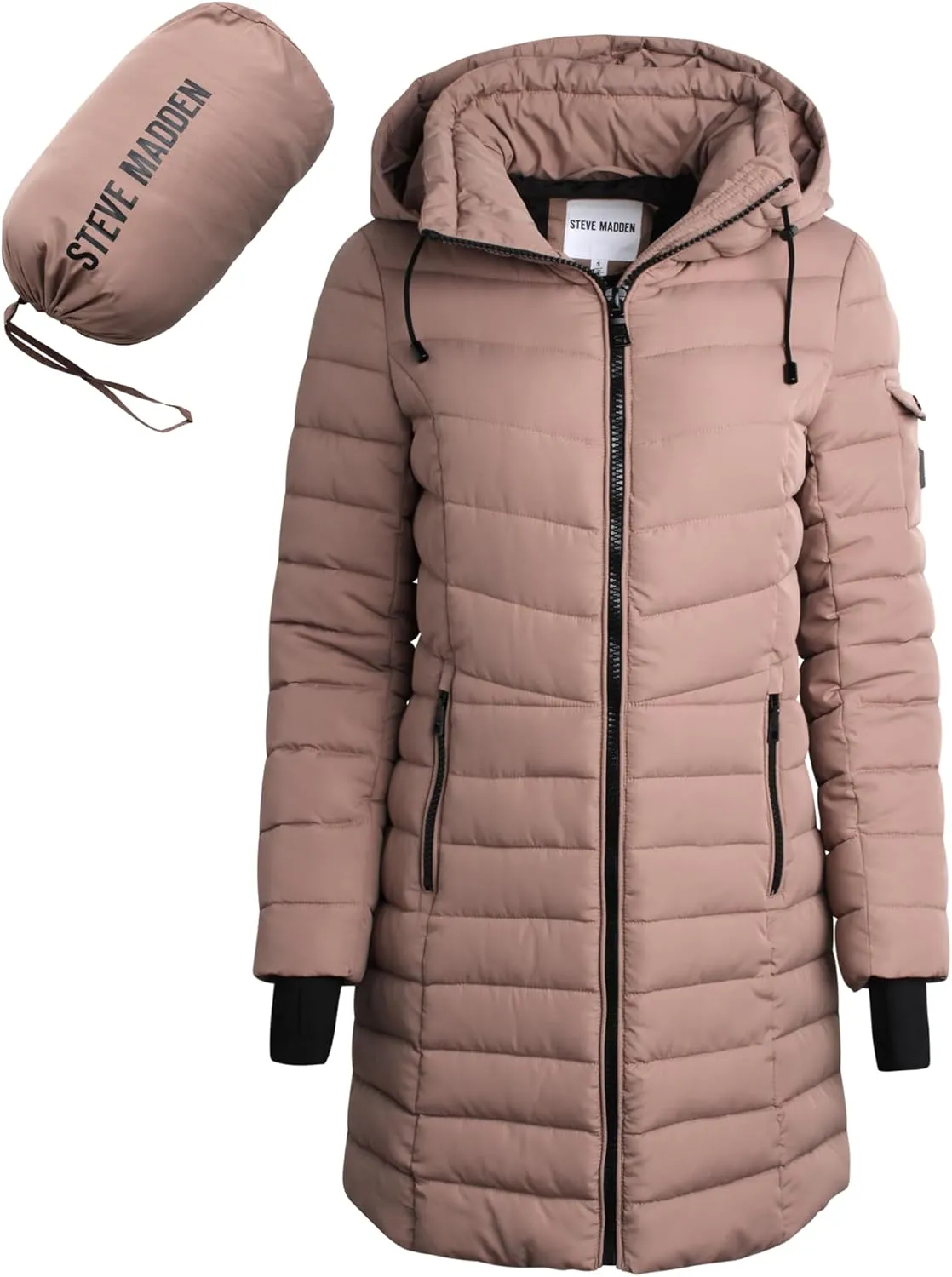 Steve Madden Women's Quilted Puffer Parka Jacket - Long Hooded Winter Outerwear - Packable Winter Coat for Women (Sizes:S-XL)