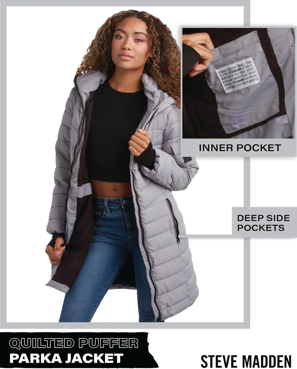 Steve Madden Women's Quilted Puffer Parka Jacket - Long Hooded Winter Outerwear - Packable Winter Coat for Women (Sizes:S-XL)