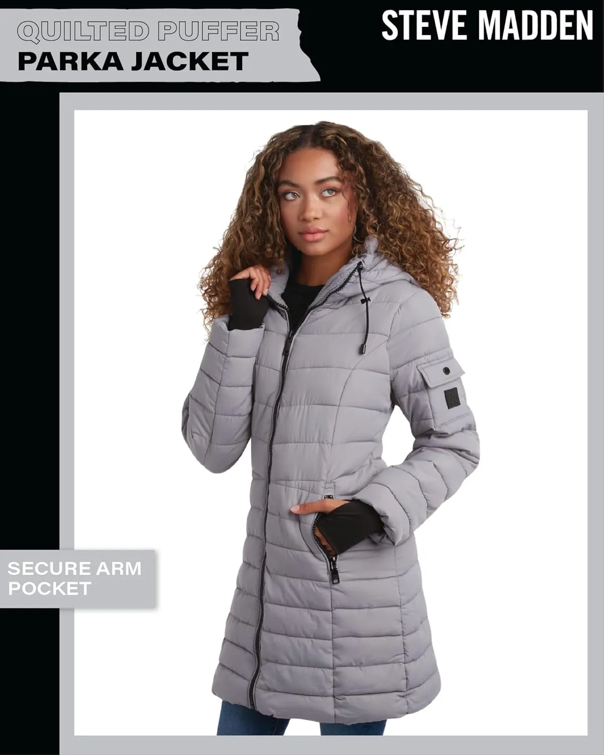 Steve Madden Women's Quilted Puffer Parka Jacket - Long Hooded Winter Outerwear - Packable Winter Coat for Women (Sizes:S-XL)