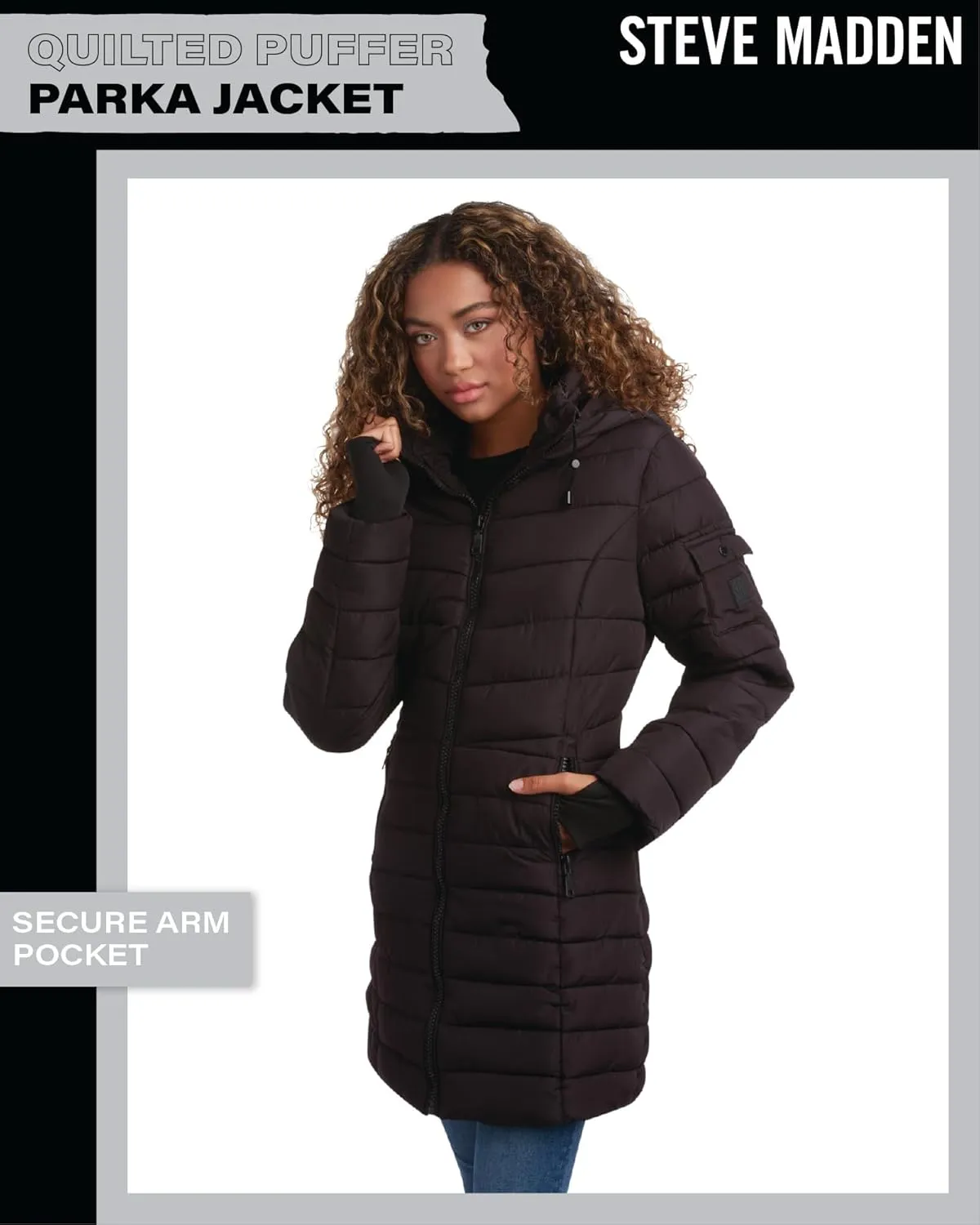 Steve Madden Women's Quilted Puffer Parka Jacket - Long Hooded Winter Outerwear - Packable Winter Coat for Women (Sizes:S-XL)