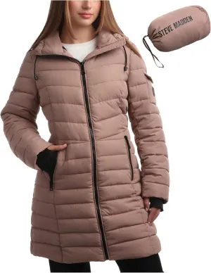 Steve Madden Women's Quilted Puffer Parka Jacket - Long Hooded Winter Outerwear - Packable Winter Coat for Women (Sizes:S-XL)