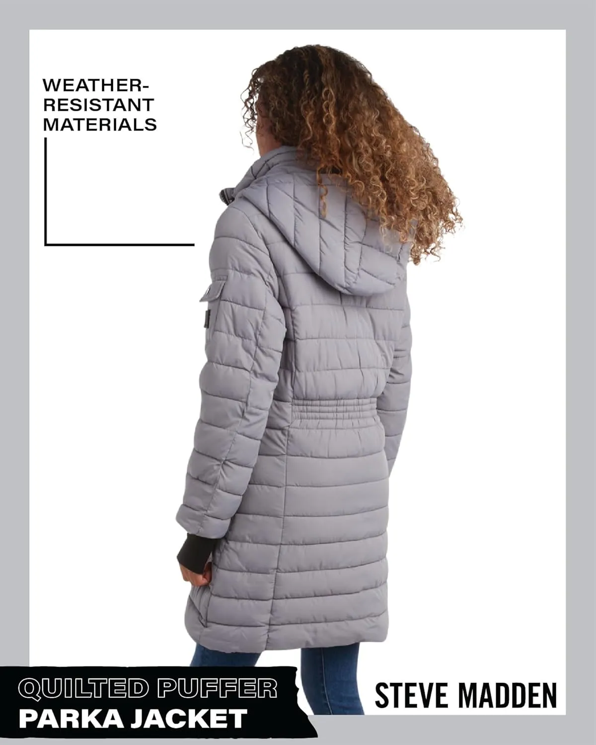 Steve Madden Women's Quilted Puffer Parka Jacket - Long Hooded Winter Outerwear - Packable Winter Coat for Women (Sizes:S-XL)