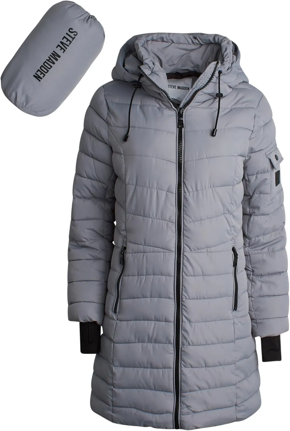 Steve Madden Women's Quilted Puffer Parka Jacket - Long Hooded Winter Outerwear - Packable Winter Coat for Women (Sizes:S-XL)