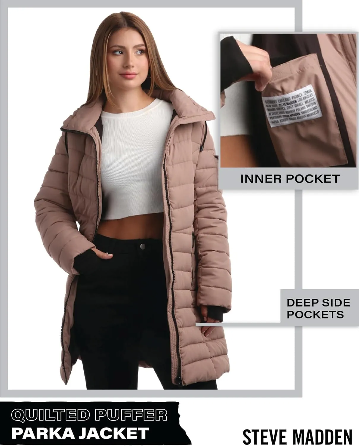 Steve Madden Women's Quilted Puffer Parka Jacket - Long Hooded Winter Outerwear - Packable Winter Coat for Women (Sizes:S-XL)