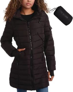 Steve Madden Women's Quilted Puffer Parka Jacket - Long Hooded Winter Outerwear - Packable Winter Coat for Women (Sizes:S-XL)