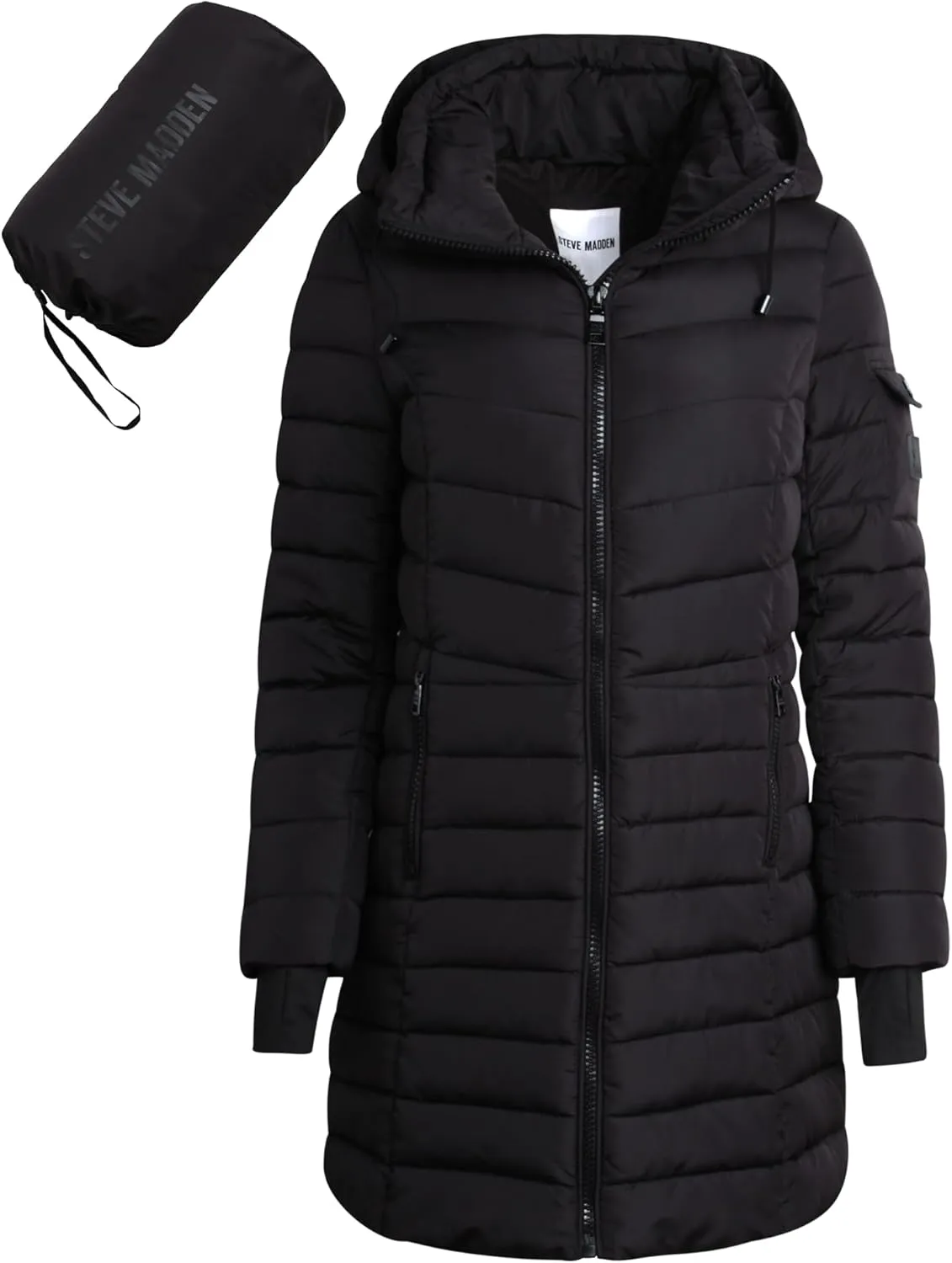 Steve Madden Women's Quilted Puffer Parka Jacket - Long Hooded Winter Outerwear - Packable Winter Coat for Women (Sizes:S-XL)