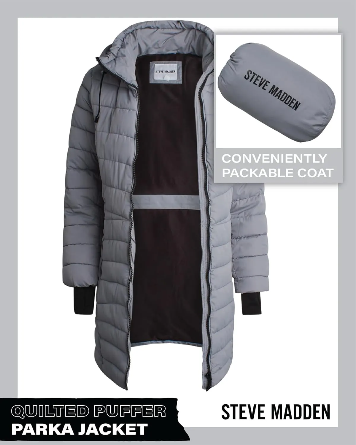 Steve Madden Women's Quilted Puffer Parka Jacket - Long Hooded Winter Outerwear - Packable Winter Coat for Women (Sizes:S-XL)