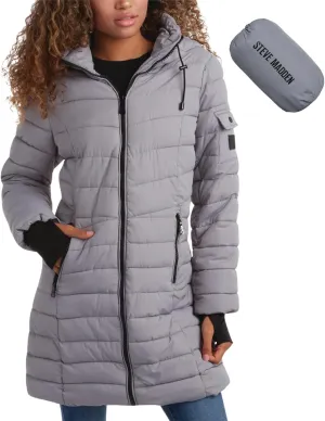 Steve Madden Women's Quilted Puffer Parka Jacket - Long Hooded Winter Outerwear - Packable Winter Coat for Women (Sizes:S-XL)