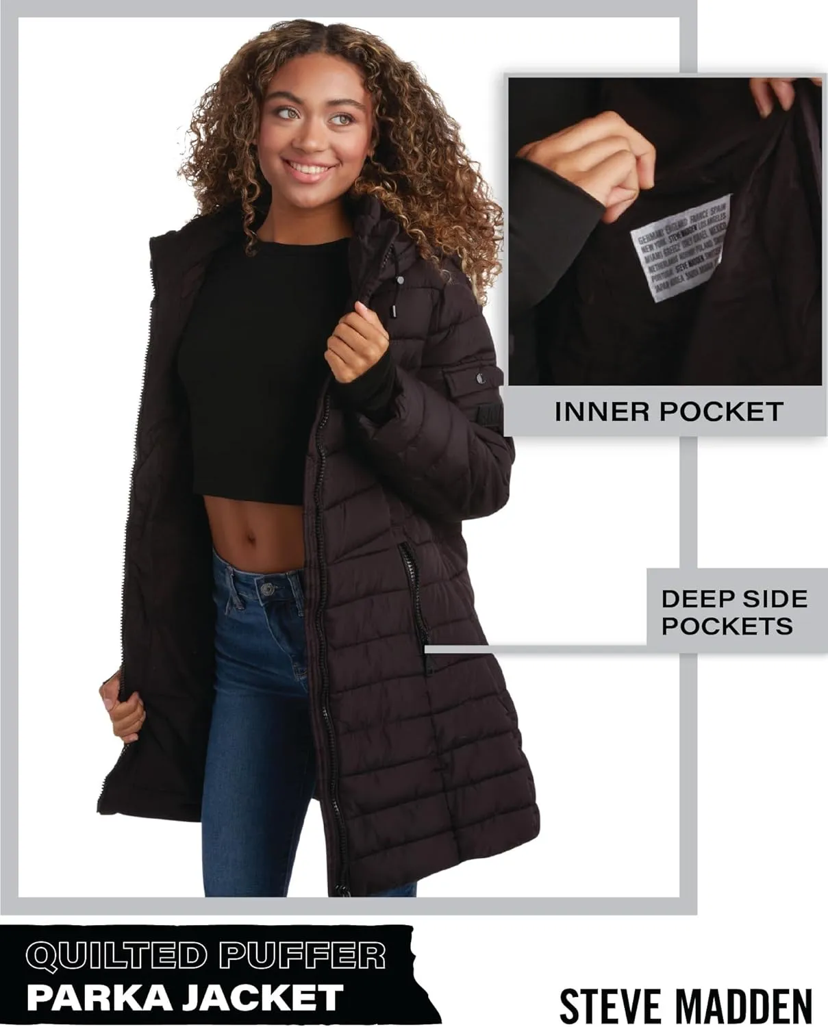 Steve Madden Women's Quilted Puffer Parka Jacket - Long Hooded Winter Outerwear - Packable Winter Coat for Women (Sizes:S-XL)