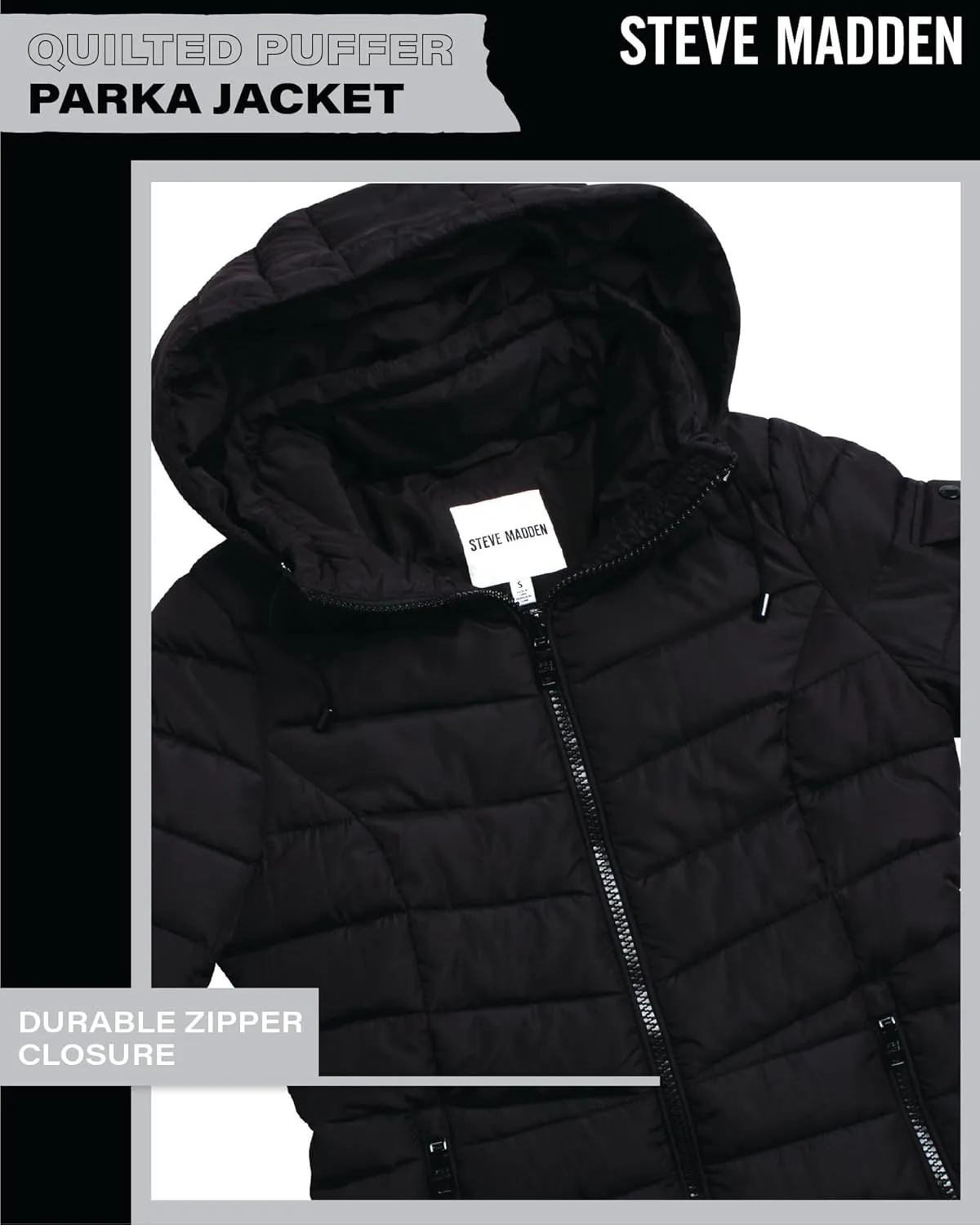 Steve Madden Women's Quilted Puffer Parka Jacket - Long Hooded Winter Outerwear - Packable Winter Coat for Women (Sizes:S-XL)