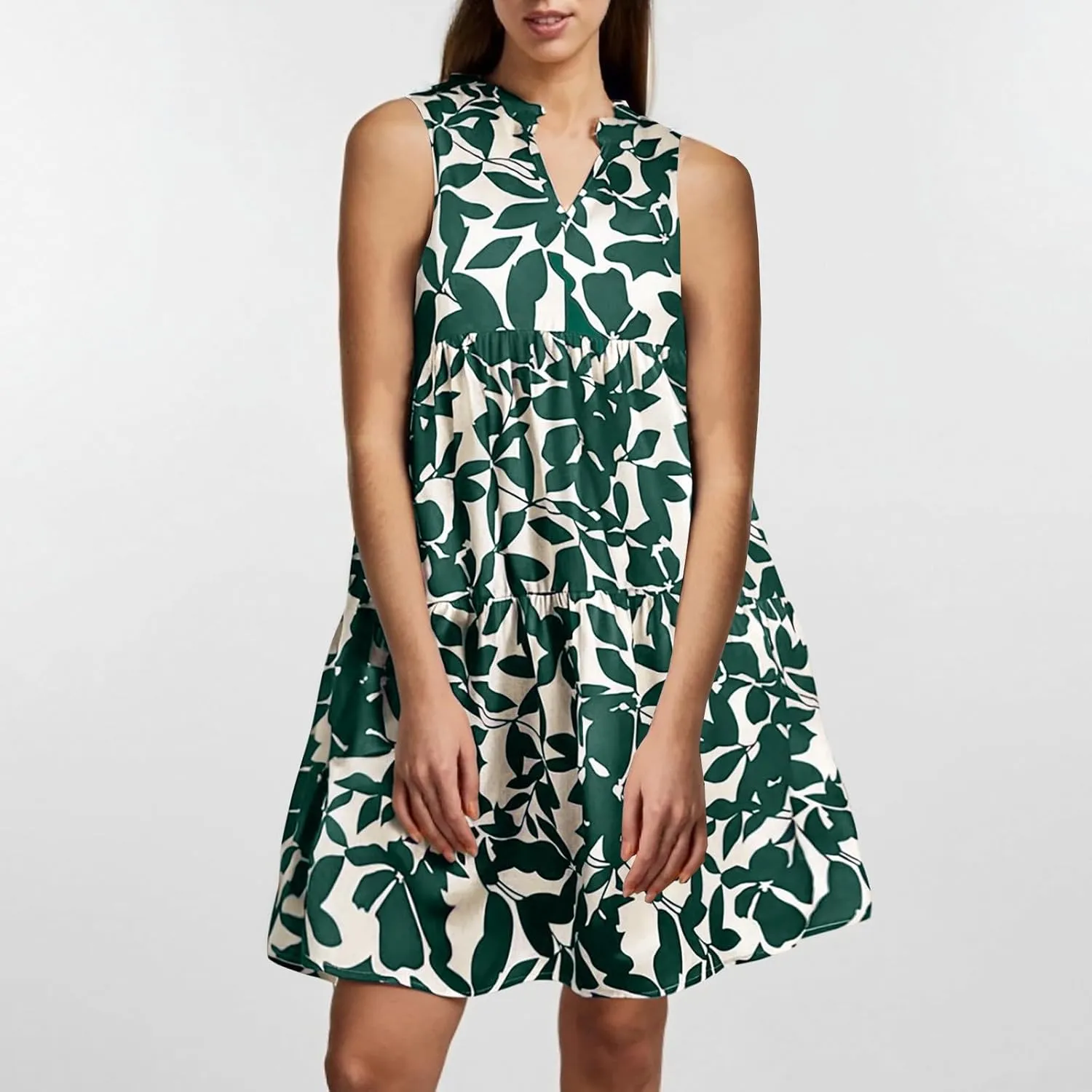 Summer Dress for Women Fashion Floral Print V Neck Loose Flowy Tiered Shirt Mini Dress Boho Pleated Short Sundress