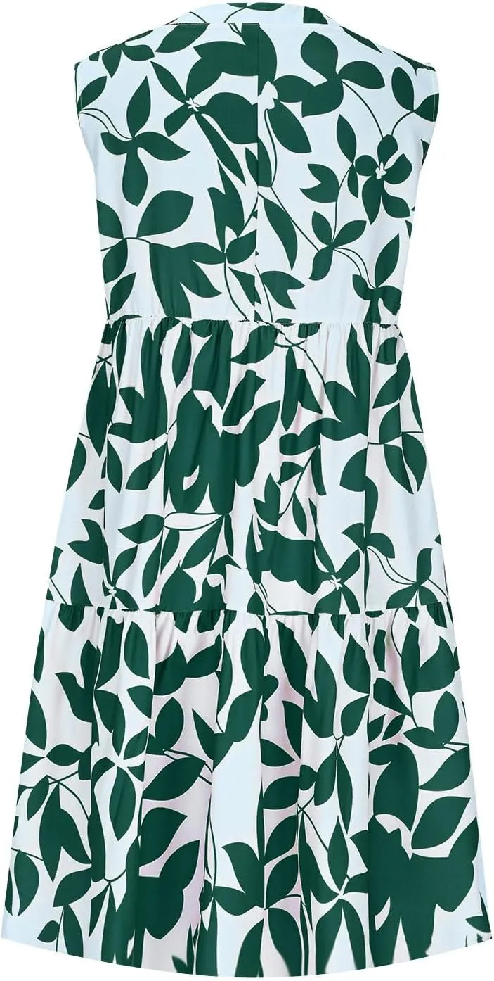 Summer Dress for Women Fashion Floral Print V Neck Loose Flowy Tiered Shirt Mini Dress Boho Pleated Short Sundress