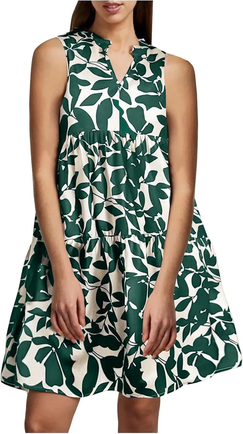Summer Dress for Women Fashion Floral Print V Neck Loose Flowy Tiered Shirt Mini Dress Boho Pleated Short Sundress