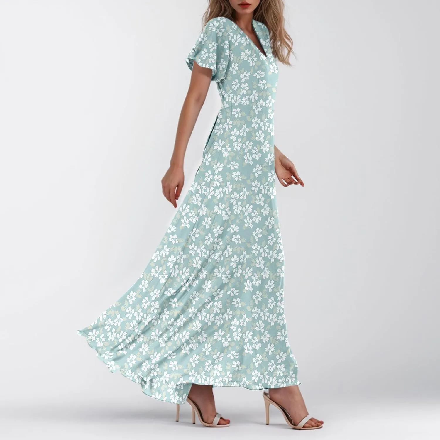 Summer Dress for Women Swing Flowy Ruffle Hem Dresses Short Sleeve Wrap V Neck Chiffon Boho Floral Maxi Dresses