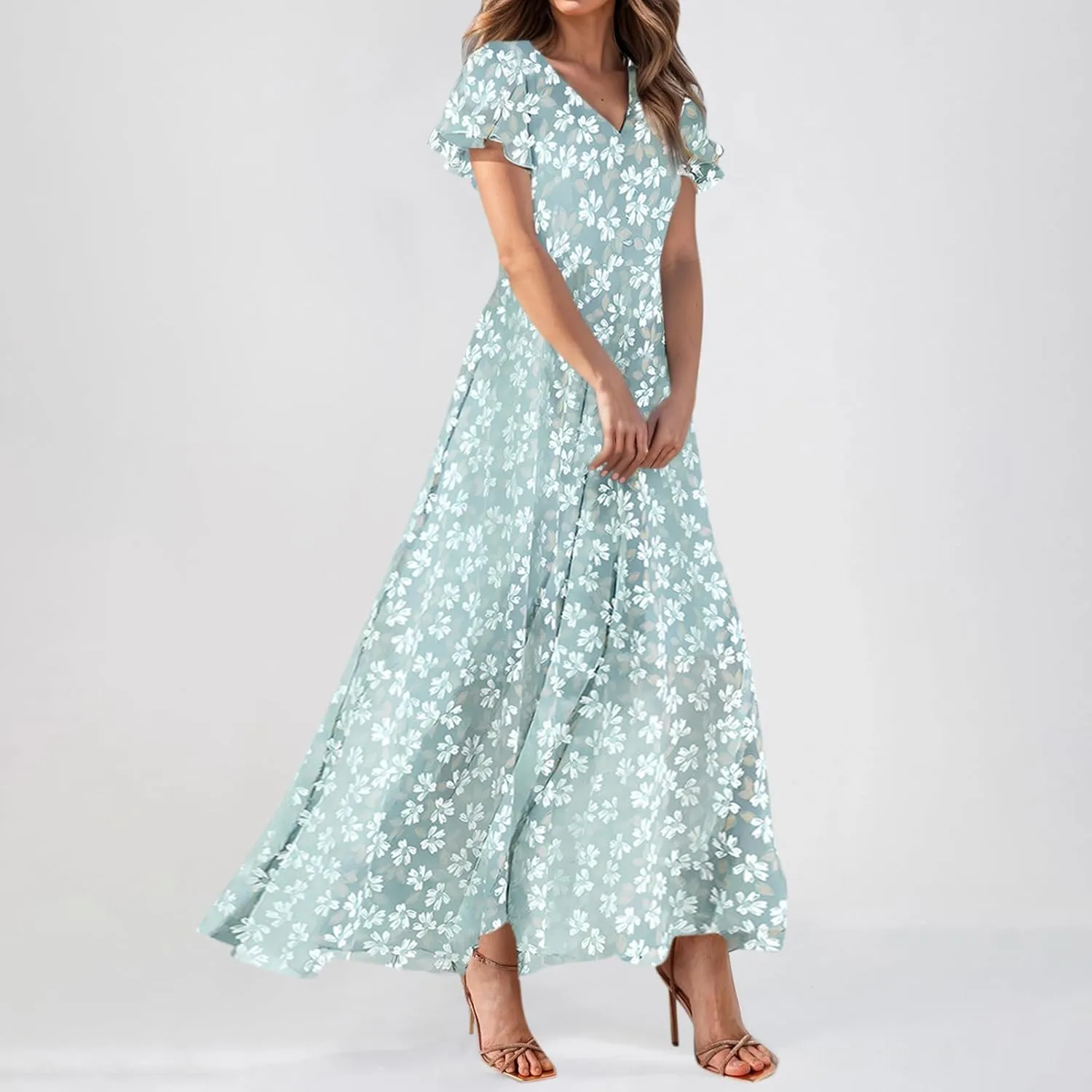 Summer Dress for Women Swing Flowy Ruffle Hem Dresses Short Sleeve Wrap V Neck Chiffon Boho Floral Maxi Dresses