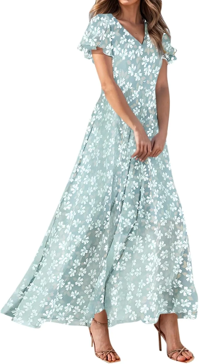 Summer Dress for Women Swing Flowy Ruffle Hem Dresses Short Sleeve Wrap V Neck Chiffon Boho Floral Maxi Dresses