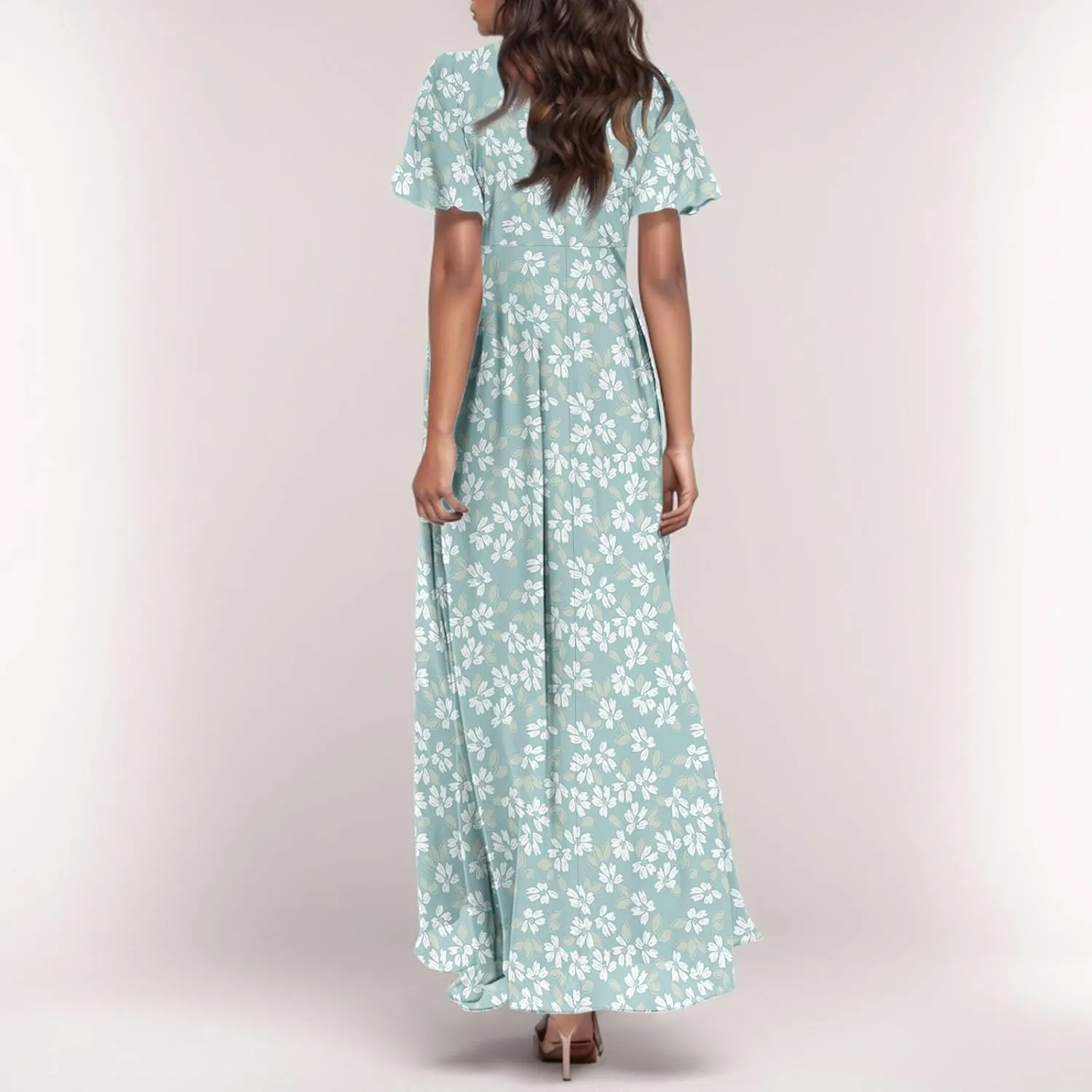 Summer Dress for Women Swing Flowy Ruffle Hem Dresses Short Sleeve Wrap V Neck Chiffon Boho Floral Maxi Dresses