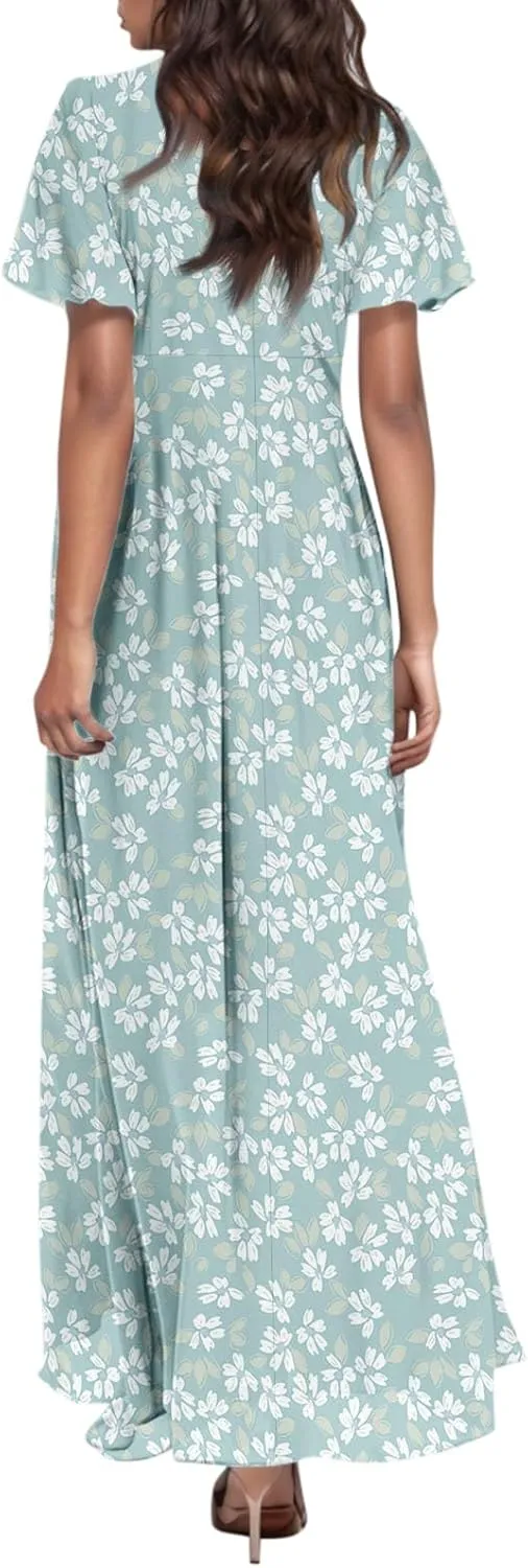 Summer Dress for Women Swing Flowy Ruffle Hem Dresses Short Sleeve Wrap V Neck Chiffon Boho Floral Maxi Dresses