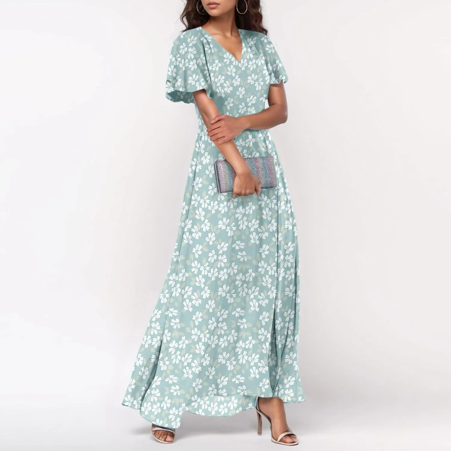Summer Dress for Women Swing Flowy Ruffle Hem Dresses Short Sleeve Wrap V Neck Chiffon Boho Floral Maxi Dresses