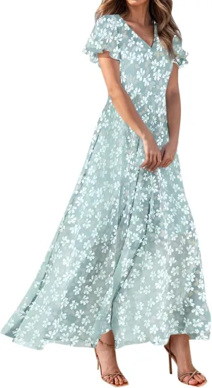Summer Dress for Women Swing Flowy Ruffle Hem Dresses Short Sleeve Wrap V Neck Chiffon Boho Floral Maxi Dresses