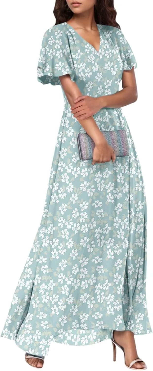 Summer Dress for Women Swing Flowy Ruffle Hem Dresses Short Sleeve Wrap V Neck Chiffon Boho Floral Maxi Dresses