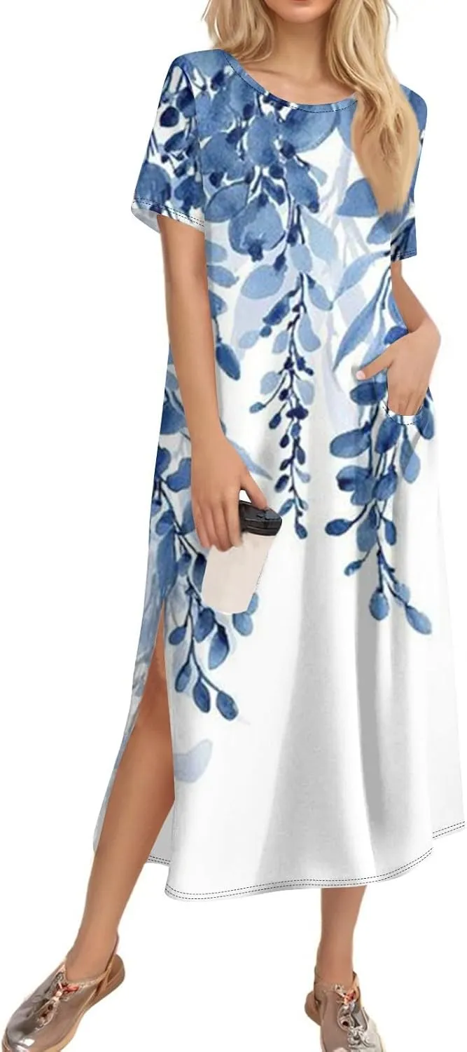 Summer Dresses for Women 2025 Beach Vacation Spring Clothes Short Sleeve Round Neck Maxi Dresses