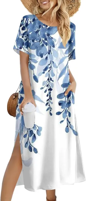 Summer Dresses for Women 2025 Beach Vacation Spring Clothes Short Sleeve Round Neck Maxi Dresses