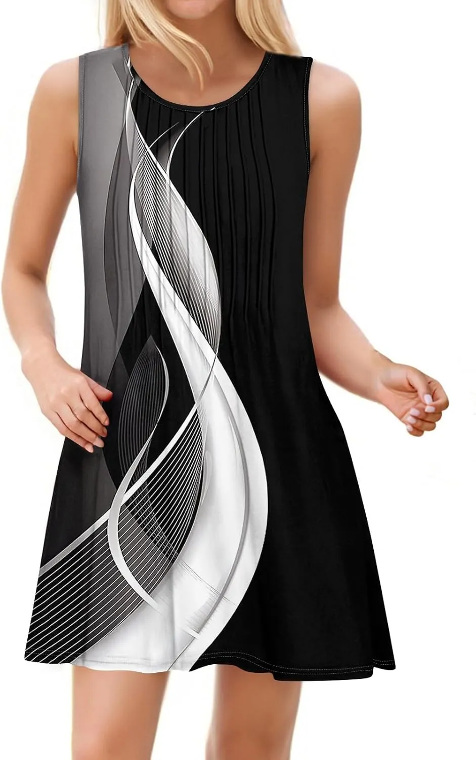 Summer Dresses for Women 2025 Beach Vacation Spring Clothes Sleeveless Crew Neck Folds Wedding Guest Dress