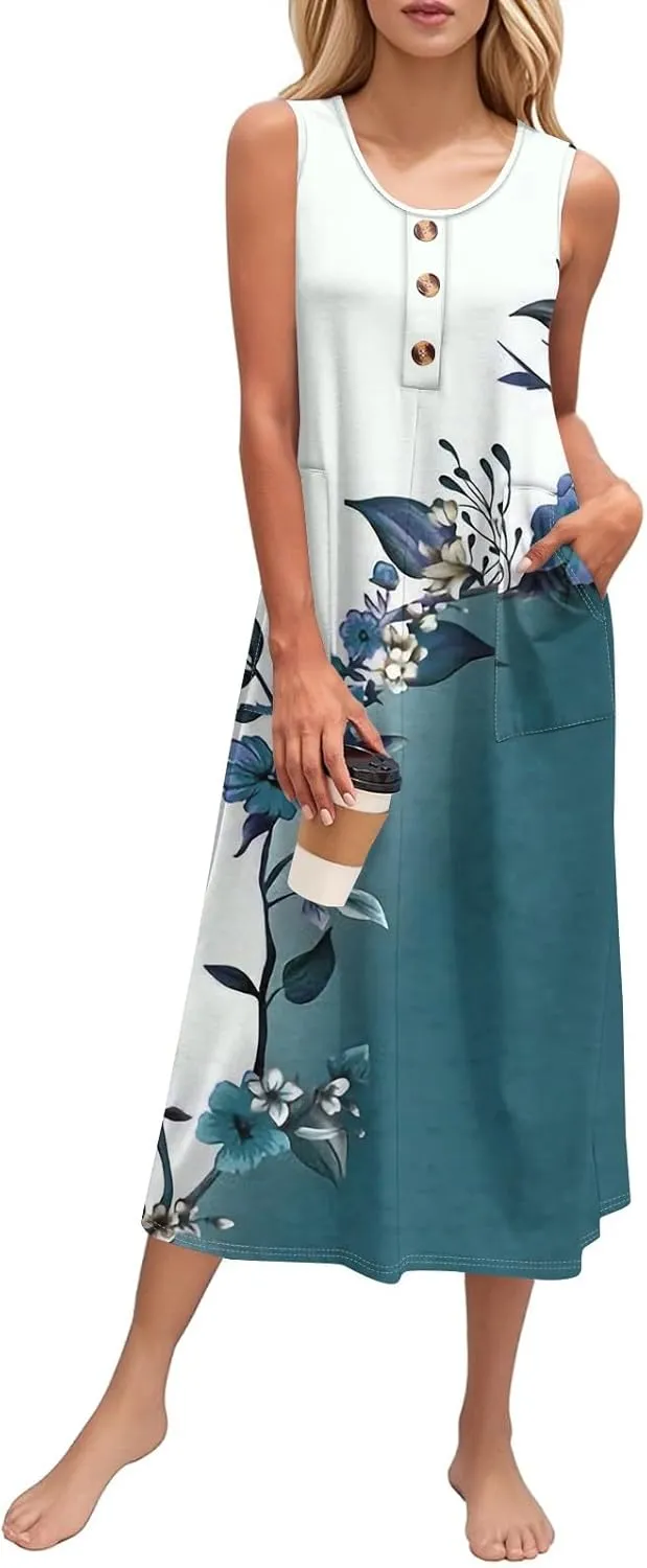 Summer Dresses for Women 2025 Beach Vacation Spring Clothes Sleeveless Crewneck Buttons Printed Maxi Dresses