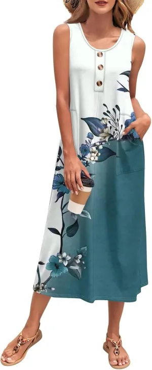 Summer Dresses for Women 2025 Beach Vacation Spring Clothes Sleeveless Crewneck Buttons Printed Maxi Dresses
