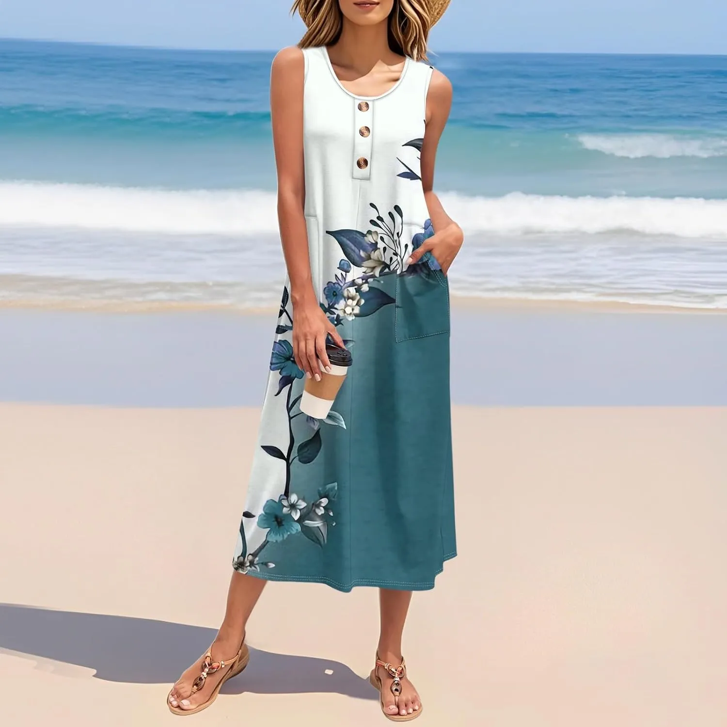 Summer Dresses for Women 2025 Beach Vacation Spring Clothes Sleeveless Crewneck Buttons Printed Maxi Dresses