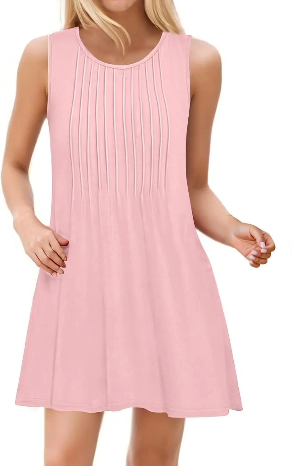 Summer Dresses for Women 2025 Beach Vacation Spring Clothes Sleeveless Round Neck Folds Fashion Sundresses