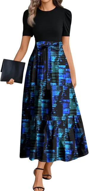 Summer Dresses for Women 2025 Geometric Splicing Elegant Wrap Short Sleeve Maxi Dress Patchwork Ruffle Hem A Line Dress