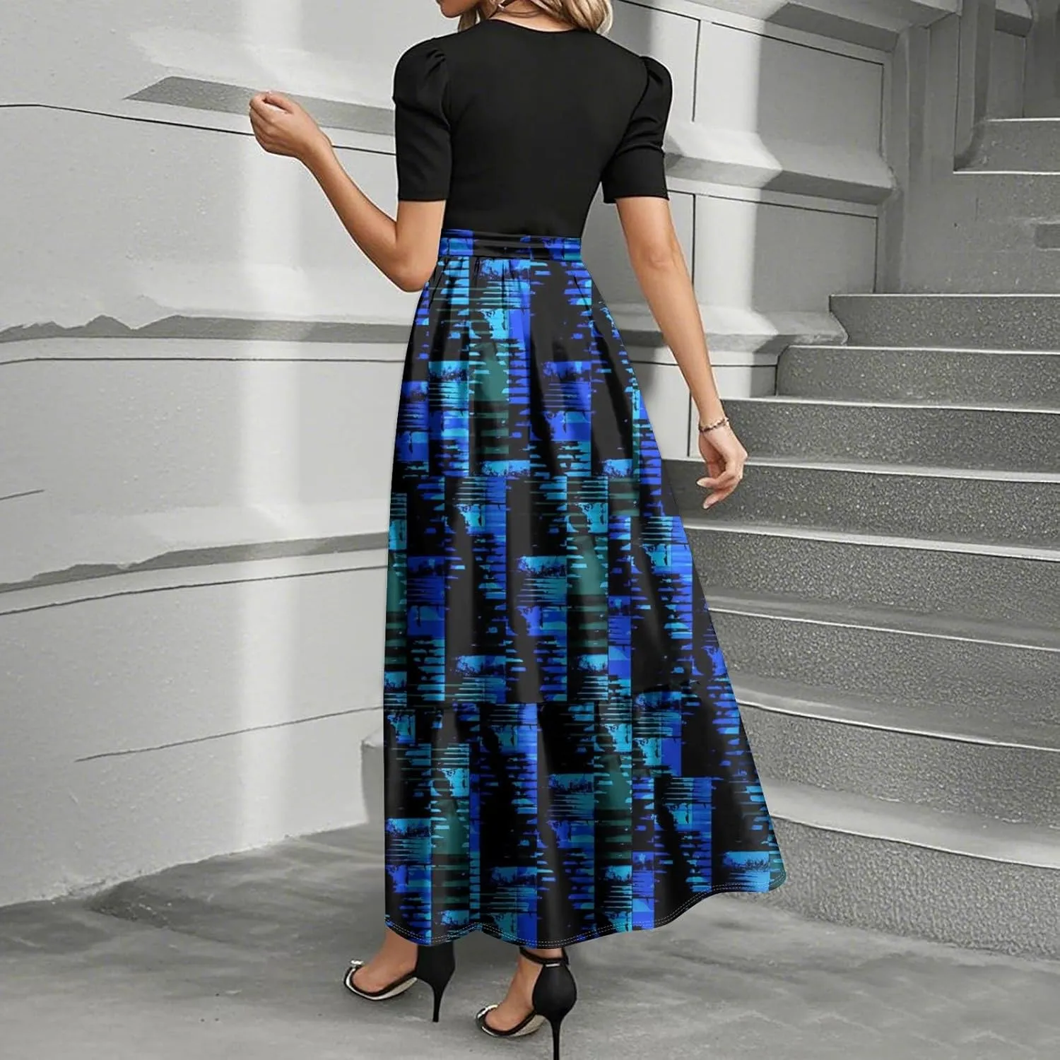Summer Dresses for Women 2025 Geometric Splicing Elegant Wrap Short Sleeve Maxi Dress Patchwork Ruffle Hem A Line Dress