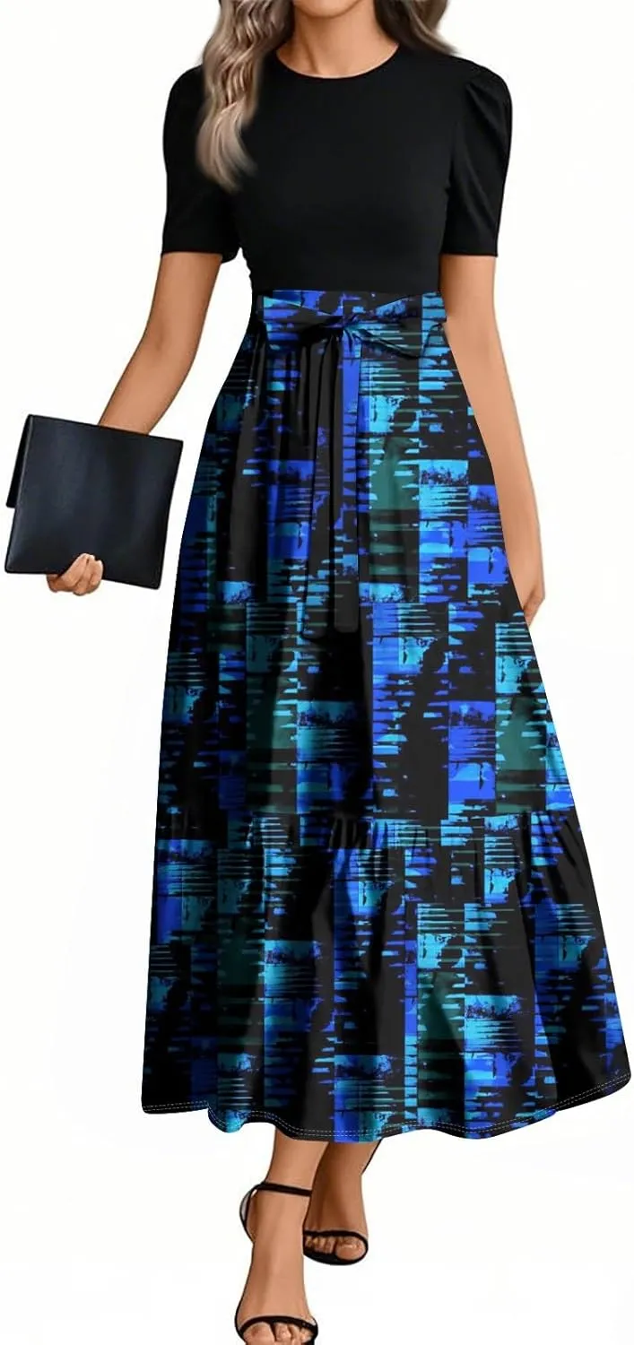 Summer Dresses for Women 2025 Geometric Splicing Elegant Wrap Short Sleeve Maxi Dress Patchwork Ruffle Hem A Line Dress
