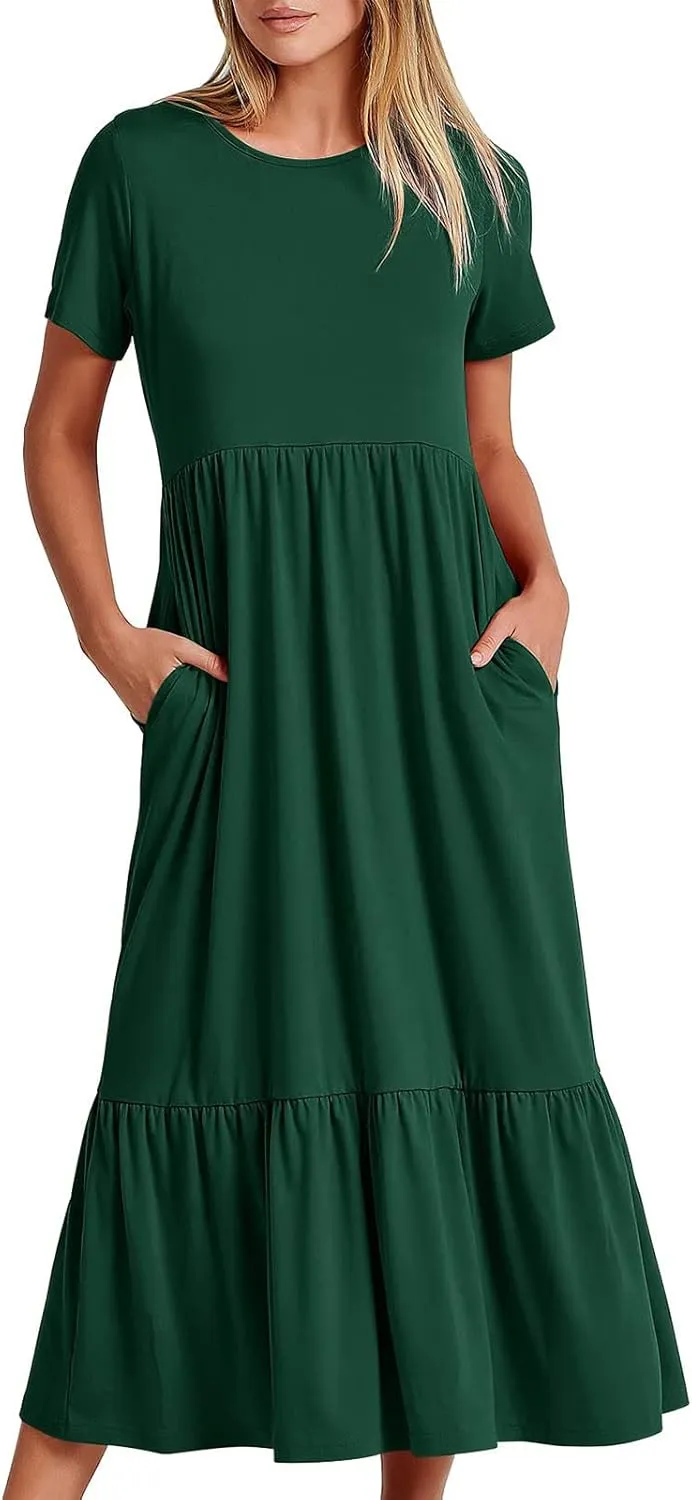 Summer Dresses for Women 2025 Tiered Vacation Long Beach Sundress Casual Loose Short Sleeve Dress with Pockets
