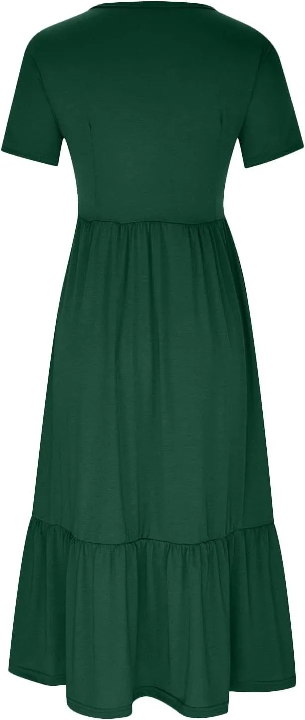 Summer Dresses for Women 2025 Tiered Vacation Long Beach Sundress Casual Loose Short Sleeve Dress with Pockets