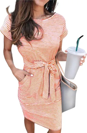 Summer Dresses for Women 2025 Vacation A Line T Shirt Dresses Striped Short Sleeve Dress Casual Tie Waist Sundresses