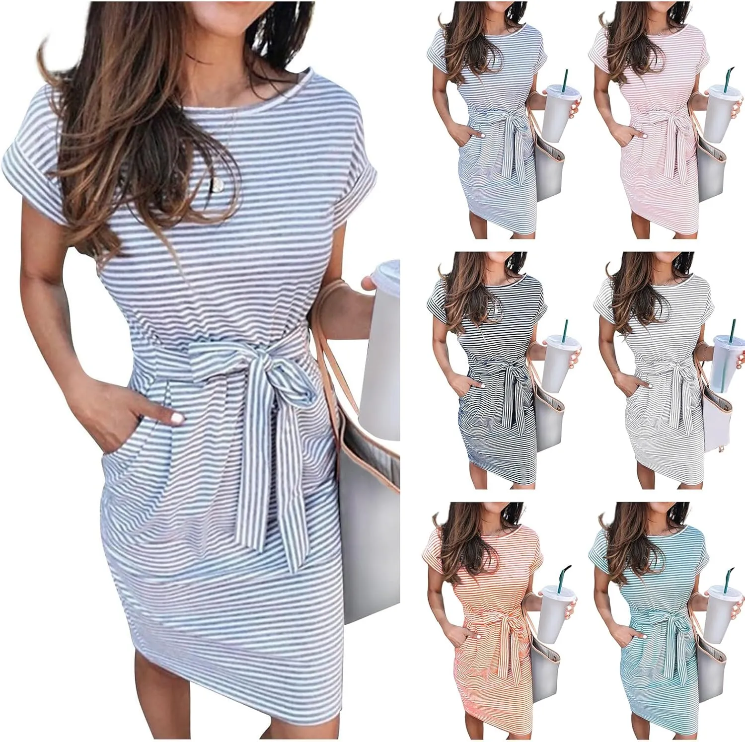 Summer Dresses for Women 2025 Vacation A Line T Shirt Dresses Striped Short Sleeve Dress Casual Tie Waist Sundresses
