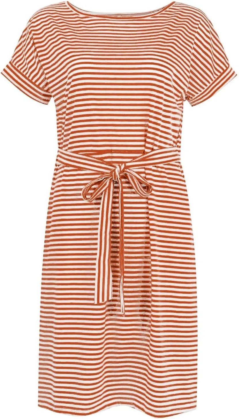 Summer Dresses for Women 2025 Vacation A Line T Shirt Dresses Striped Short Sleeve Dress Casual Tie Waist Sundresses