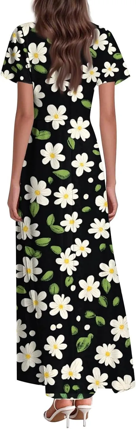 Summer Dresses for Women Flowy Swing Beach Vacation Dress V Neck Loose Maxi Dress Print Casual Short Sleeve Dress